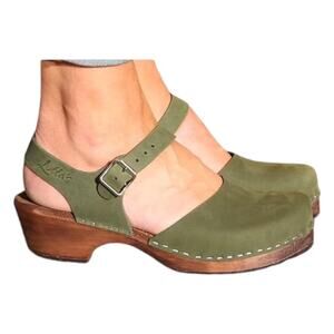 Lotta from Stockholm Green Leather Clogs Wooden Heels Adjustable Strap Size 37